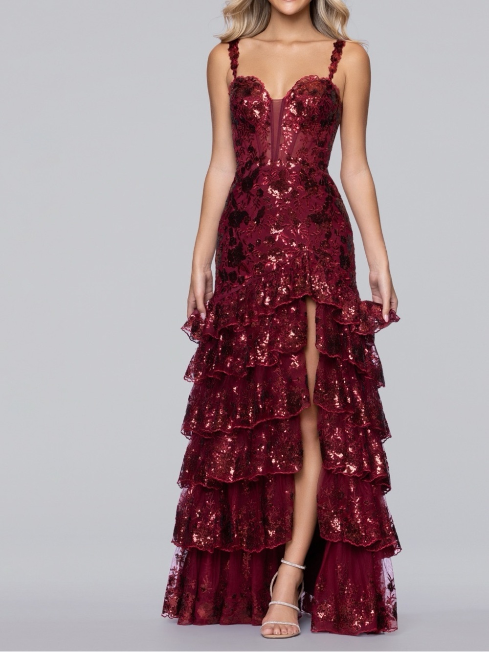 Blondie Nites Burgundy Sequin Ruffled Prom Gown